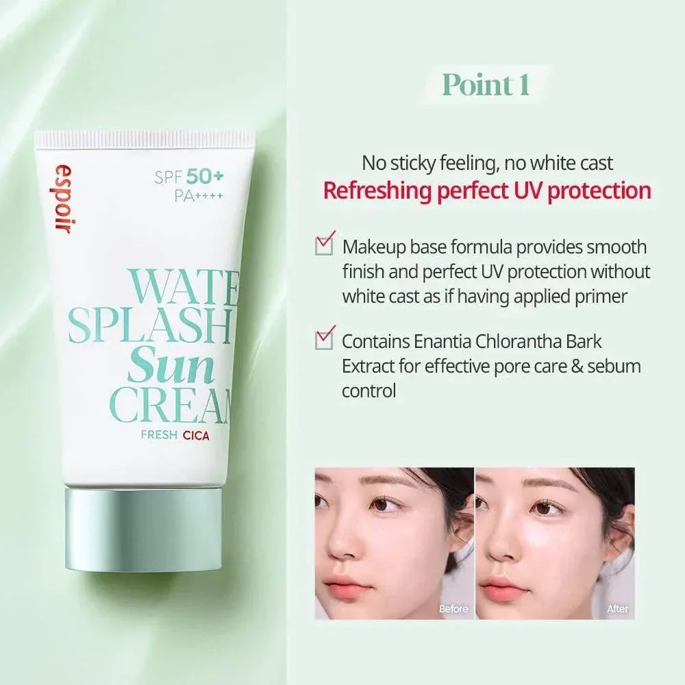 espoir - Water Splash Sun Cream Fresh Cica SPF50+ PA++++ 60ml - Image 3