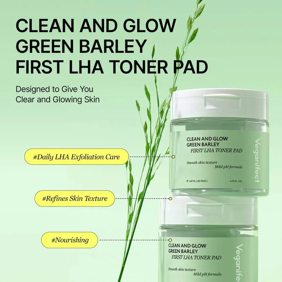 Veganifect - Clean and Glow Green Barkley First LHA Toner Pad 60ea - Image 2